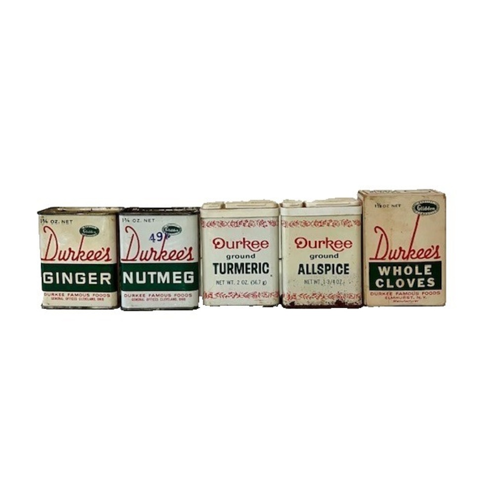 5 VTG Durkee‎ Spice Tins Collection Allspice Ginger Nutmeg Turmeric Boxed Cloves